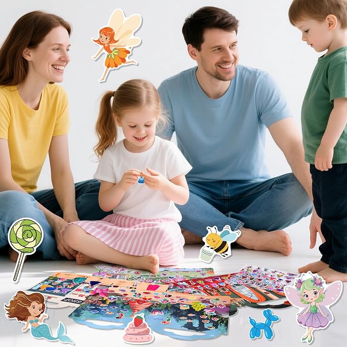6 Set Puffy Sticker Book, Reusable Sticker Books for Toddlers | 260pcs Fairytale+Garden+Princess Party+Mermaid+Kids Zone+Girls' Shop, Travel Toys Book for Kids Ages 3+