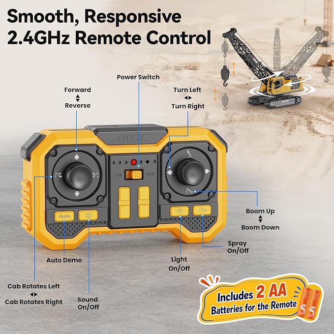 Remote Control Crane Toy for Boys, 2.4GHz RC Crawler Crane with Metal Hook & 2x1200mAh Batteries, 1:18 12-Ch RC Construction Vehicle with Lights, Sound,Spray, Birthday Gift for Kids Ages 3-12