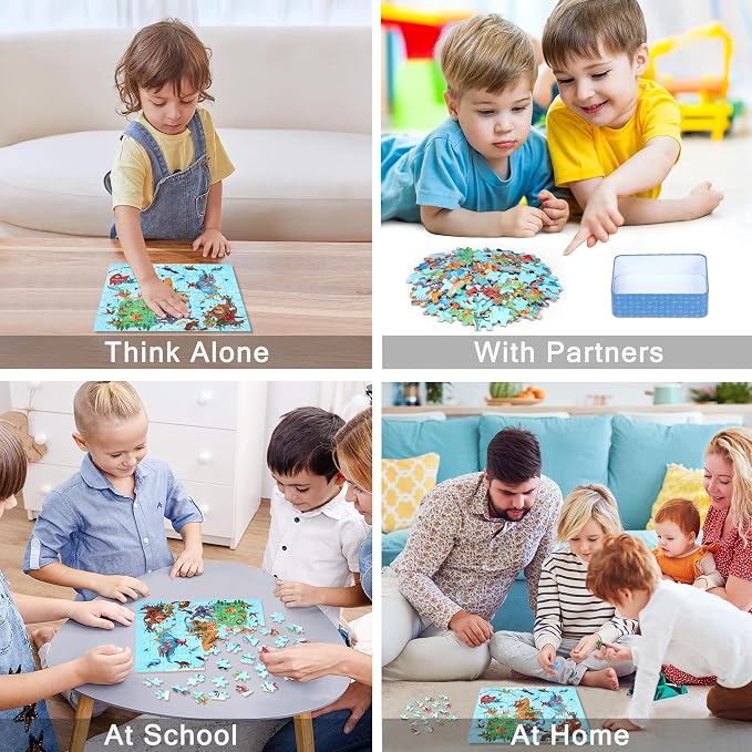 LELEMON Puzzles for Kids Ages 4-6,Dinosaur Map 100 Piece Puzzles for Kids Ages 6-8 in a Metal Box,Educational Jigsaw Puzzles,Childrens 100 Piece Puzzle Games Puzzle Toys for Girls and Boys