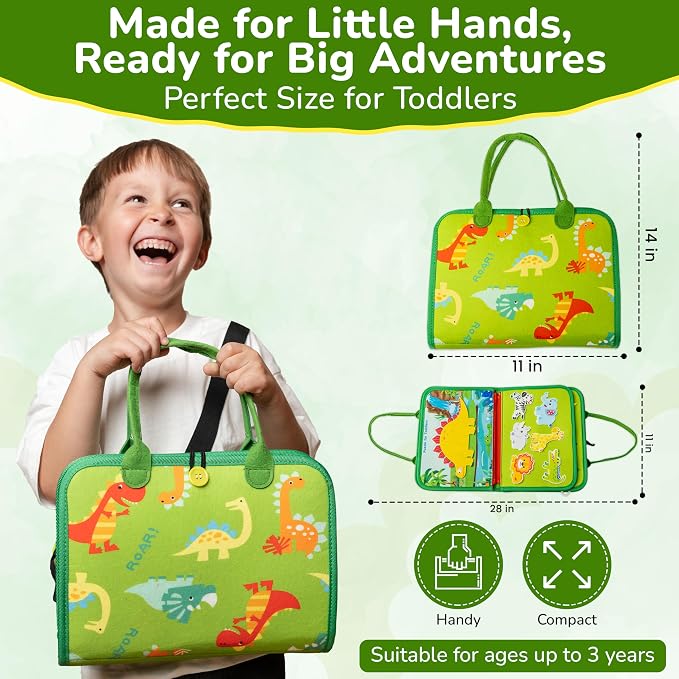 Solens Busy Book for Toddlers, Montessori Busy Board with 25+ Activities on 8 Pages and 3D Assorted Puzzles, Felt Activity Book with Numbers, Colors, Daily Life and Fine Motor Learning, Pink (Green)