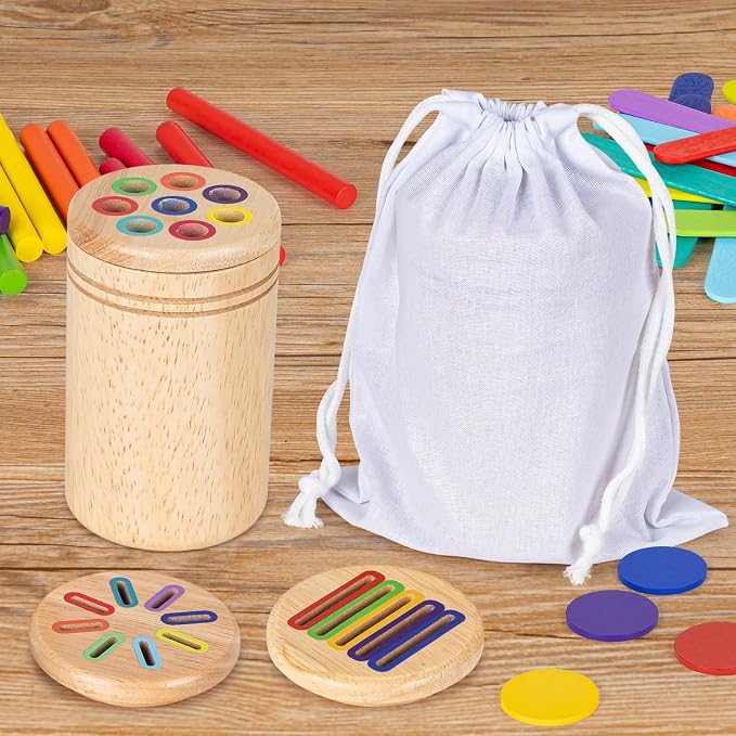 Montessori Toys for 3 4 5 Year Old, 3 in 1 Wooden Color Sorting Toys, Preschool Learning Activities Fine Motor Skills Sensory Toys for Toddlers