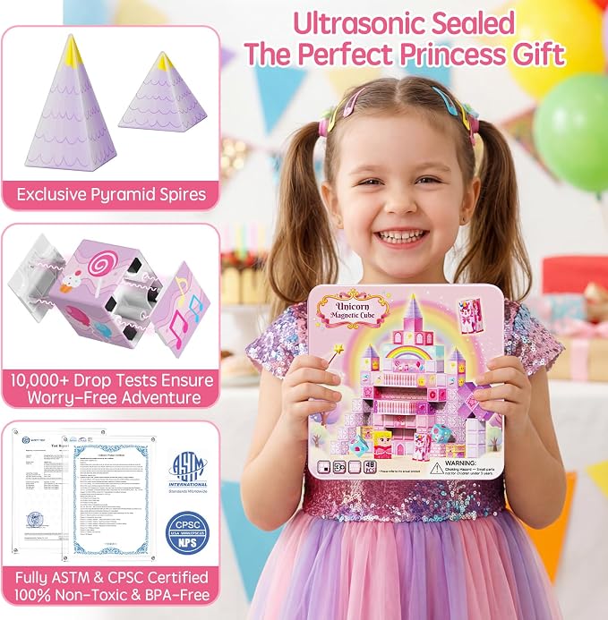 Magnetic Blocks Girls Travel: 355g Unicorn Tin 3 Cones & 4 Wands | 60-Min Princess Role Play for Airplane Activities & Road Trip Essentials Car Games 45s Cleanup Portable Kids Toy for Ages 3-8