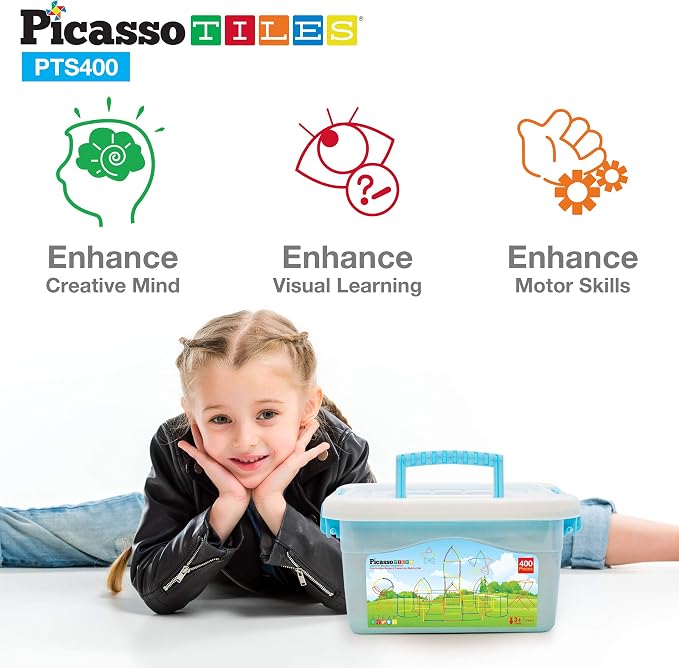 PicassoTiles 400 Piece Straws and Connectors, STEM Construction Set Ages 3+ | Interlocking builder pieces, creative early education kit, hands-on engineering play, screen-free fun for curious young kids