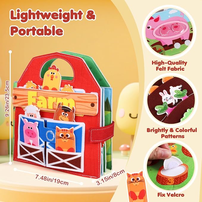 Busy Board for Toddler, Montessori Toys Farm Animals Busy Book for 2-4 Year Old Boy Girl, Quiet Activity Books Gift for Kid, Felt Busy Learning Toy for Toddlers, Car Airplane Travel Toys