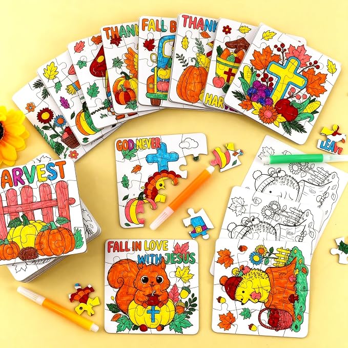Fall Thanksgiving Crafts for Kids Christian Art Activities Blank Puzzle Toy | 24 Autumn DIY Crafts Pumpkin Turkey Cross Jesus, Religious Classroom Gifts for Toddler Party Favors Games Supplies Bulk