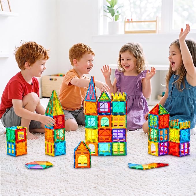 Gemmicc Magnetic Tiles, Deluxe 136 PCS Building Blocks Magnet Toys for Kids,3D Magnet Puzzles Stacking Blocks for Boys Girls,Huge Set with 2 Cars