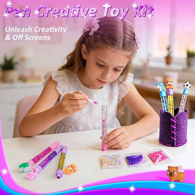MOMUSE DIY Pen Making Kit for Kids Girls 6-12, Pen Creator Studio Craft Kit | Sewing Your Own Pen Holder, Make 6 Sparkly Glitter Pens, Girls Tweens Birthday Gift, Mess-Free