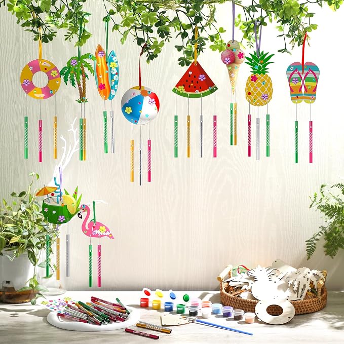 30 Pack Summer Crafts for Kids DIY Wind Chime Kit Wood Paint | Beach Shapes Pineapple Flamingo Ice Cream Watermelon, Paint Brushes Stickers Included, Classroom Birthday Party Activities
