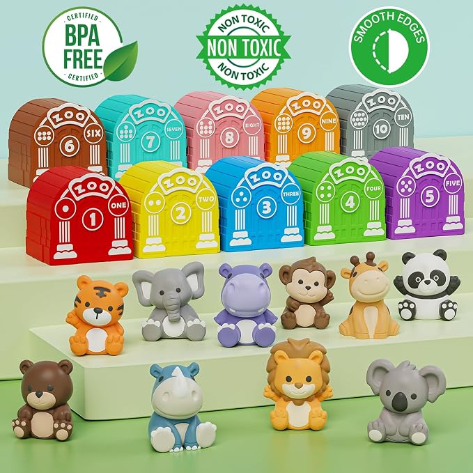 Learning Toy for Toddlers 1 2 3 Year Old, Montessori Educational Counting, Matching & Sorting Sensory Toys, 10 Safari Animals & 10 Zoos, Birthday Easter Gift for Baby Boy Girl Age 12-18 Months | 10 Zoo Animal Toys & 10 Barns, Counting, Matching & Sorti...