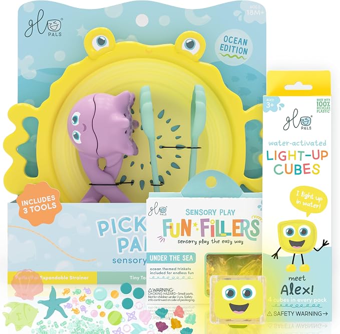 Glo Pals Under The Sea Bundle Sensory Bundle, Light-Up Sensory Play Cubes | Contains 1 Pack Fun Fillers, 3 Pack Pick-Up Pals Tools, and 4 Pack Alex Yellow Water-Activated Light-Up Cubes