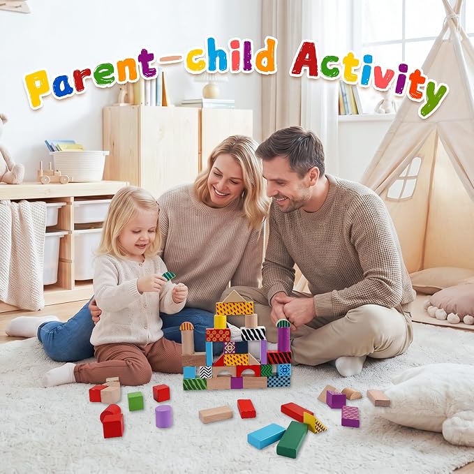 Offelec 50 Pcs Wooden Building Blocks Set with Storage Bucket, Montessori Stacking Blocks & Shape Sorting Toys for Toddlers, Preschool Learning Toys for Boys & Girls, Kids Brightly Colored Blocks