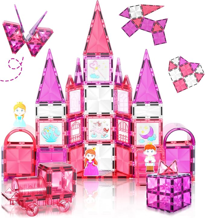 Magnetic Tiles 101PCS Pink Princess Car STEM Toy 3-8 | 101‑piece magnetic princess set with car. STEM toy for creative 3D building. Great gift for ages 3‑8.
