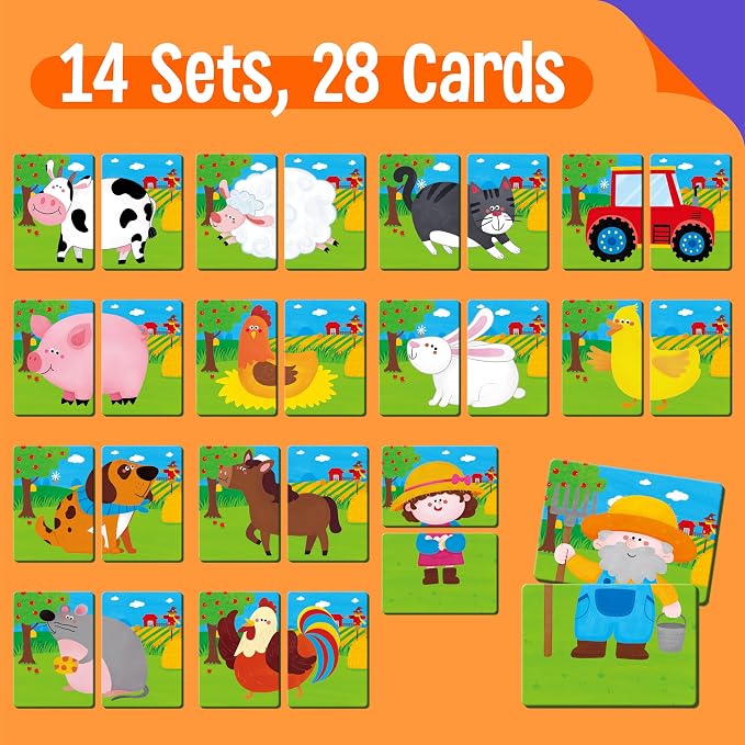 SpriteGru Farm Animal Memory Game, 28 Chunky Cards Farm Animal Head Tail Matching Activity 1-5 Players Memory Matching Game for Toddlers, Preschoolers