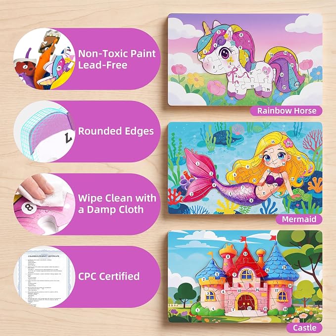 3 Pack 15.7"×8.9" Extra-Large Wooden Puzzle for Toddlers Age 3-5, Mermaid | Extra-Large numbered 1-20 blocks teach counting. Mermaid, castle, pony. Non-toxic, CPC certified, vibrant UV-printed colors