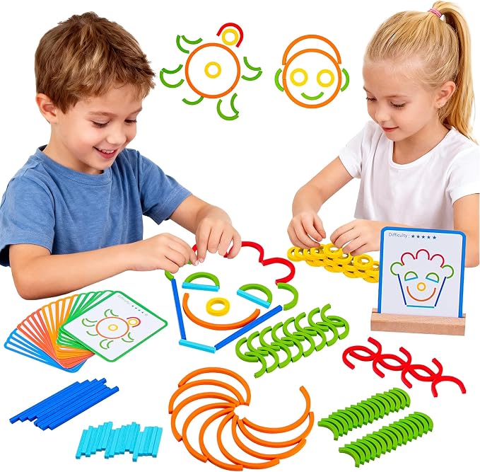 Montessori Smart Sticks and Rings Set with Challenge Cards, 120PCS Creative STEM Kit with Wooden Pattern Blocks for Kids, Preschool Learning Activities and Classroom Use
