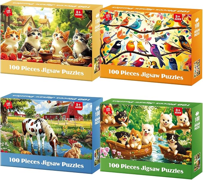 4 Packs 100 Piece Puzzles for Kids Ages 4-6 6-8 8-10, Cats Birds Farms Dogs Jigsaw Puzzles Educational Kids Puzzles 5-8 Gifts for Girls Boys Adults Seniors 15x11in
