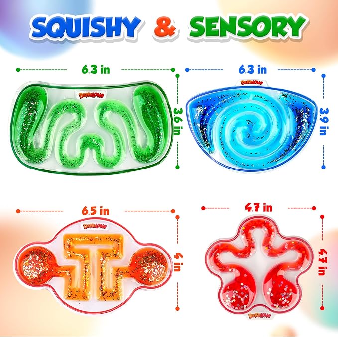 Squishy Sensory Toys for Kids: 4 Pack Fidget Sensory Maze for Autism | Stress Relief Toys for Calm Down, Squeeze Fidget Toy Filled Goo, Glitter, Prizes for Kids Classroom, Goodie Bags Stuffers
