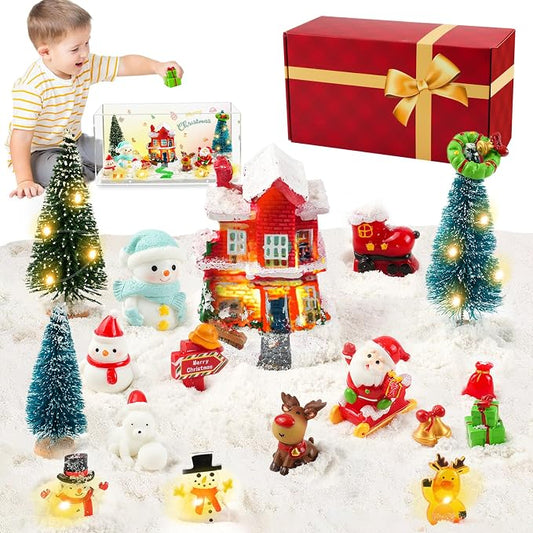 Christmas Sensory Bin for Kids Christmas Decorations, Christmas DIY Decoration Art Kit for Kids with Sandbox, Castle, Christmas Tree, 3 Color Sand Gift Birthday Gift for Children Ages 3+