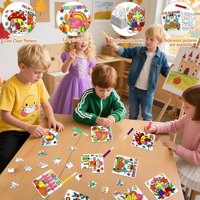 Fall Thanksgiving Crafts for Kids Christian Art Activities Blank Puzzle Toy | 24 Autumn DIY Crafts Pumpkin Turkey Cross Jesus, Religious Classroom Gifts for Toddler Party Favors Games Supplies Bulk