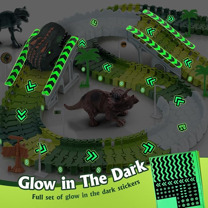 Coroiesty 173 PCS Dinosaur Race Tracks for Kids Toys with 360° Loop Ramp | Glow in The Dark Magic Toy Set, 1 Dino Car Track, 2 Realistic Dinosaurs, Flexible DIY Track Set, Gift for Boys Girls Age 3-9