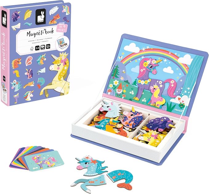 Janod - Magnéti'Book Unicornes - Magnetic Educational Game 44 Magnets + 10 Models - Children's Toy Made of Cardboard - Develops Dexterity and Imagination - Ages 3 and Above | Develops Dexterity and Imagination - Sturdy Cardboard - 10 Models Included - ...