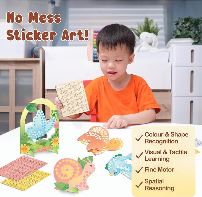 BINCA Foam Sticker Mosaic Art Activity, 750+ 3D Glitter Foam Stickers, 5 Garden Animals with Display Arch, DIY Mess-Free Activities, Gifts for Boys & Girls Ages 5,6,7,8