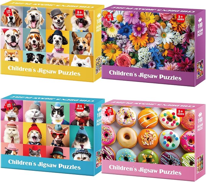 Jeacirio 4 Pack 100 Piece Puzzles for Kids Ages 4-6 6-8 8-10, Dogs Cats Flowers Donuts Jigsaw Puzzles for Kids, Educational Puzzle Toys with Posters Bags, Gifts for Boys Girls Ages 4-8