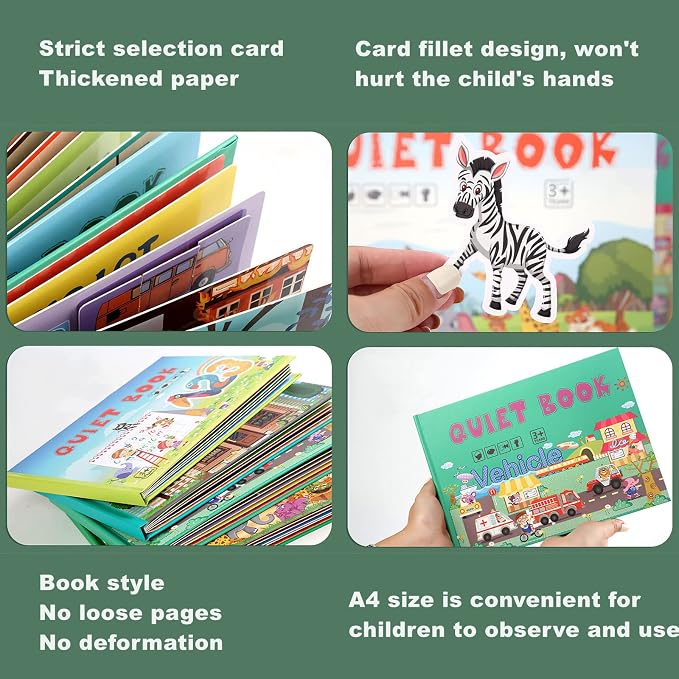 4 Pack DIY Busy Book for Toddlers, Montessori Quiet Book with Animal, Vehicle, Number, Fruit Preschool Learning Activities & Education Toys