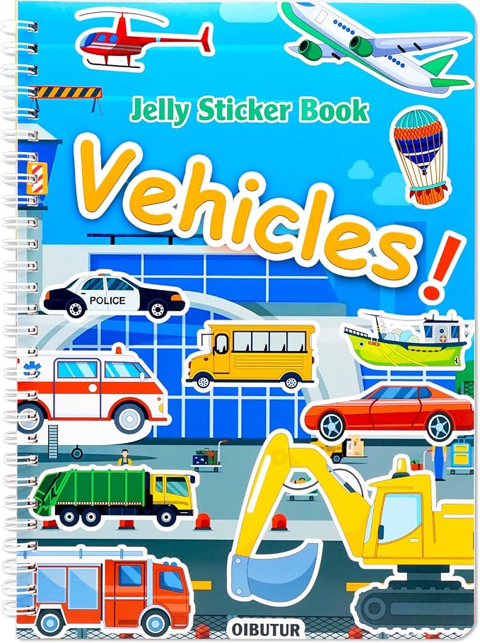 Jelly Sticker Books for Toddlers 2-4 Years, Reusable Sticker Book for Kids 1-3, Toddler Easter Basket Stuffers＆Travel Essentials Vehicles Stickers for Kids Toddler Plane Activities (Vehicles)