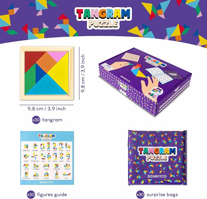 BONNYCO Tangram Puzzle Wooden Pack 30 Kids Party Favors. Goodie Bags Stuffers for Kids 3-5 4-8, Return Gifts for Birthday Party. Goody Bag Stuffers, Pinata Filler Toys Bulk. Classroom Prizes, Rewards