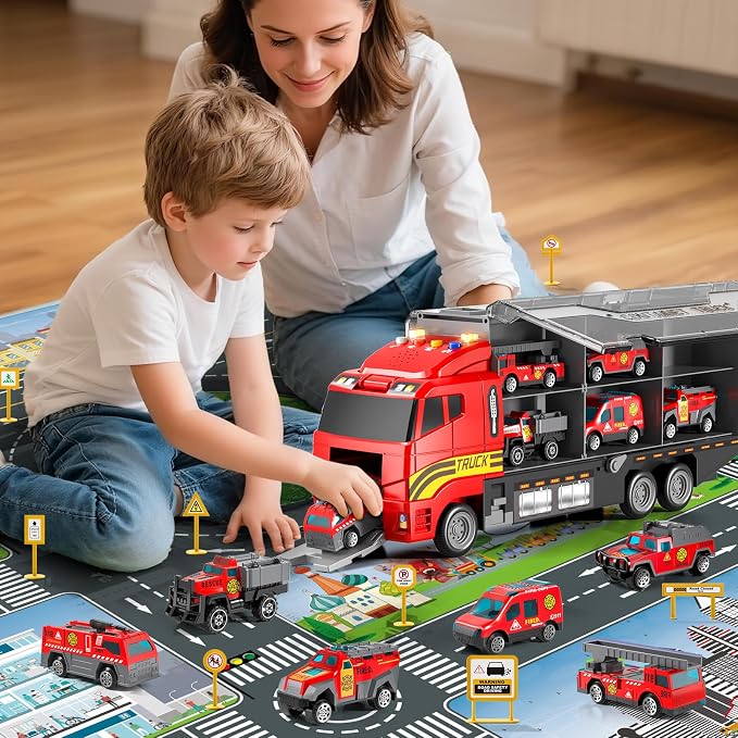Toddler Toys for 3 4 5 6 Years Old Boys with Die-Cast Toy Cars & Play Mat | Fire Trucks for Toddlers 3-5 with Light and Sound,Friction Powered Truck fire Toy, Birthday & Christmas Gift for Boys & Girls