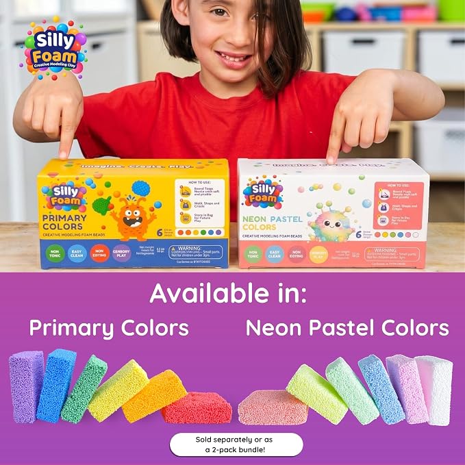 Silly Foam, Creative Modeling Foam Beads, 1-Pack of 6 Primary Colors, Easy Clean Up, Perfect for Preschool and Kids, Arts & Crafts, Sensory Play, STEM, Travel Toy, Holiday Gifts, Non-Toxic (Age 3+)