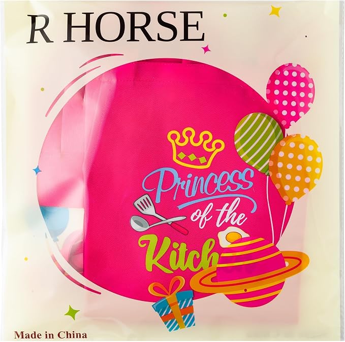 R HORSE 2 Piece Kid Apron and Chef Hat Set, Children Role Play Chef Toy | Rose Red Princess Adjustable Kitchen Apron for Girls, Ideal for Cooking, Baking, Painting, Training, Cooking Birthday Gift