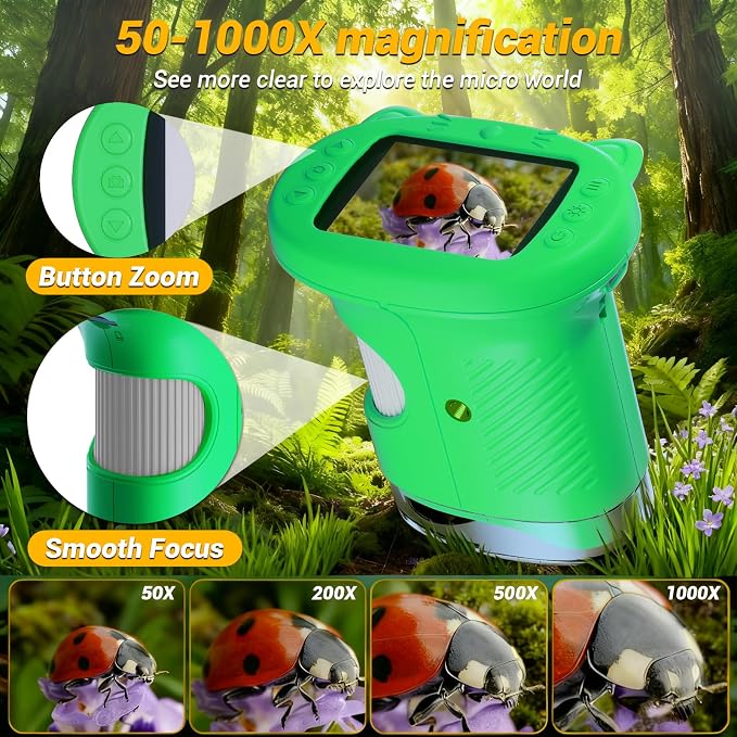 WINWEND Handheld Kids Microscope 1000X Pocket Microscope for Photo and Video Portable Science Kits STEM Toys – Christmas/Birthday Gifts for Girls & Boys Ages 3-12