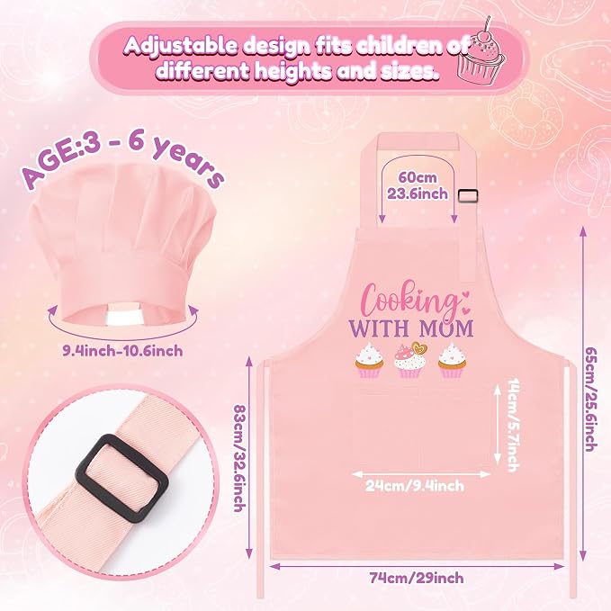 R HORSE Kid Apron and Chef Hat Set 2Pcs Adjustable Pink with Mom Cooking Children Kitchen Apron, Dress up Role Play Chef Toy Funny Cooking Baking Painting and Training Kit for Kids Birthday Party Gift