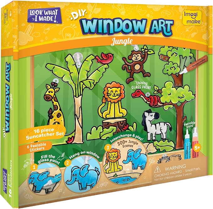 Imagimake Window Art - Jungle, DIY Mess-Free 16 Pieces Suncatcher Kit | Stained Glass Painting Craft Activity for Kids, Birthday Gift for Boys & Girls Ages 5,6,7,8,9,10,12 Years Old
