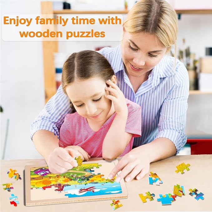 Wooden Puzzles for Toddlers 3-5,6 in 1 Jigsaw Wooden Solar System Puzzles for Ages 4-6,Preschool Educational Brain Toys Gifts for Boys and Girls 2 4 3 5 Year Old（Vehicle）