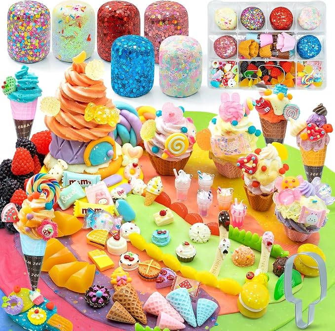 SIMPLIPLAY Ice Cream Sensory Dough Kit, 6 PCS 18oz Glitter Doughs | Soft Clay Ice Cream Toys with Cone, Mold, Fruit Pieces, Accessories(120 Pcs+), Christmas Birthday Gift for Girls Age 3 4 5 6