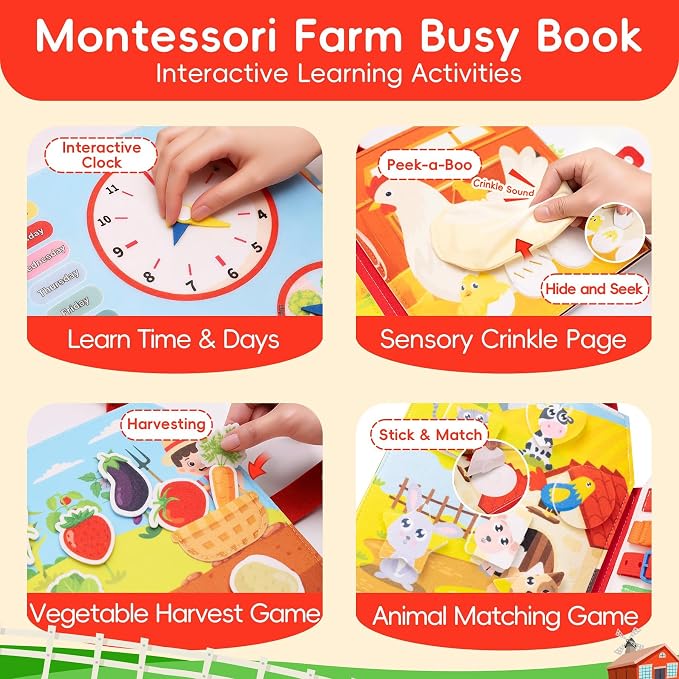 Busy Book for Toddlers - Montessori Sensory Toys for Boys & Girls Preschool Learning, 8-Page Felt Quiet Activity Board for Fine Motor Skills, Travel Toys for Airplane Car Games (Farm Animals)