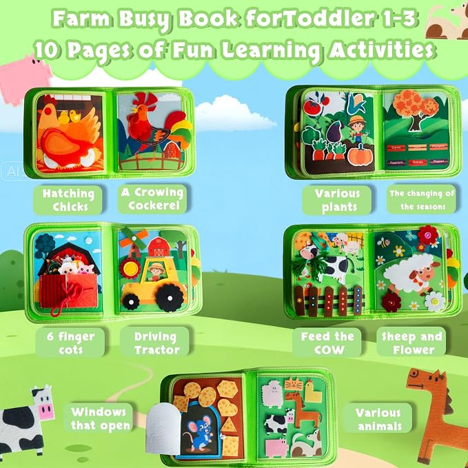 Busy Book for Toddlers 1-3, Montessori Toys for 1 2 Year Old Boy Girl Birthday Gifts, Farm Animal Busy Board Educational Learning Quiet Toddler Activity Book(Green)