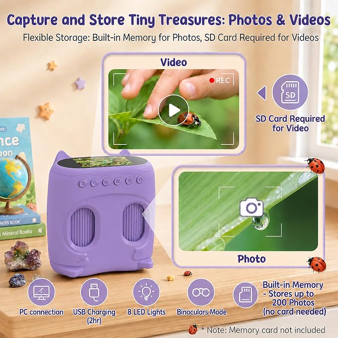 2-in-1 Kids Microscope and Telescope, 1000X Handheld Digital Microscope for Kids, 2.0" Screen, 8 LEDs, 10X Pocket Telescope for Outdoor, 1080P Camera STEM Toys Gift for Boys Girls 4-12, Purple