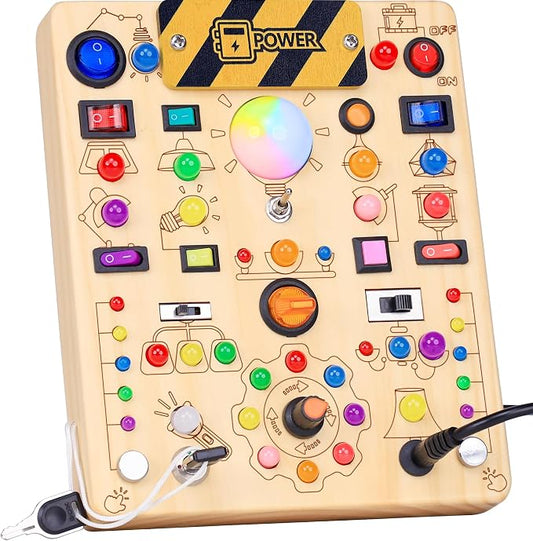RichBoy Busy Boards, Lights Switch-Style, Wooden, 59-in-1, Large | Toddlers Birthday Gifts, Montessori Toys, Autism Sensory, Fine Motor Skills, Educational Learning, Travel Essentials