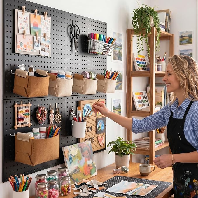 Spampur Peg Board, 4 Pack Metal Pegboard Wall Organizer with Accessories | Black Pegboard Panels with 50 Pcs Hooks and Baskets, Wall Organizer for Office, Craft Room Organization, Garage, Sewing Room