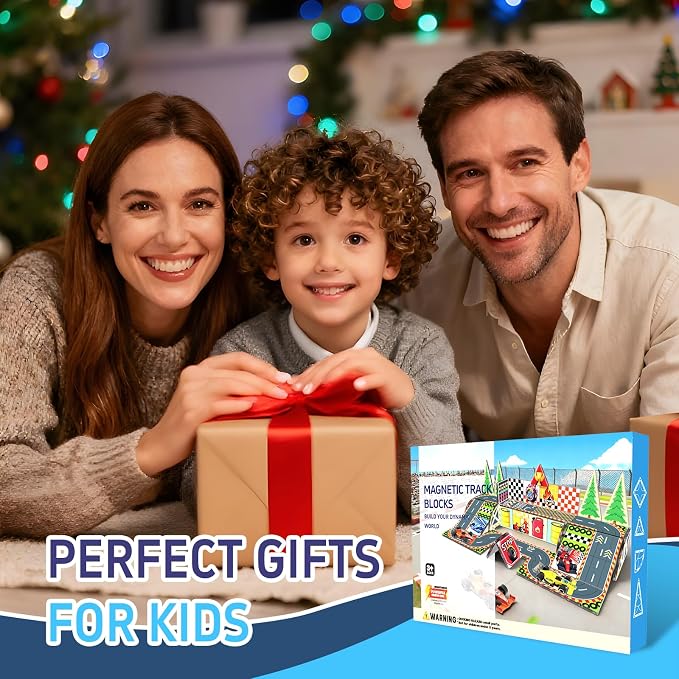 Magnetic Tiles Magnetic Building Blocks for Kids Ages 3-5 4-8, STEM Montessori Preschool Classroom Must Haves, Toddler Sensory Educational Toys for Boys Girls, Christmas Birthday Gift (Racing Car)