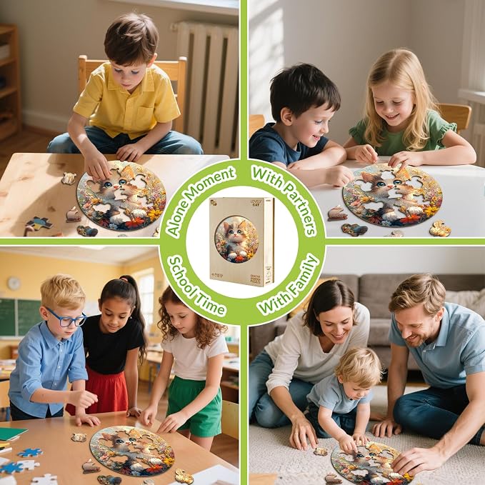 Animals Wooden Puzzles for Kids - Lovely Cat | 50 Piece Puzzles for Kids Ages 6-8, Kids Puzzles with Unique Animal Shapes, Round Gift for Girls and Boys (11.4 * 11.4 in)