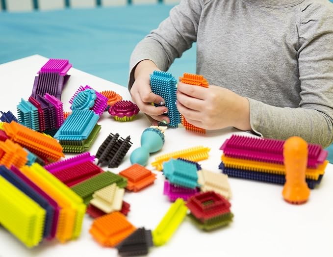 B. toys Bristle Blocks, 68 Interlocking Blocks in Jar, Construction | Sort and stack STEM building set with soft, easy-to-connect bristles and storage jar with lid; compatible with; 2+ Years