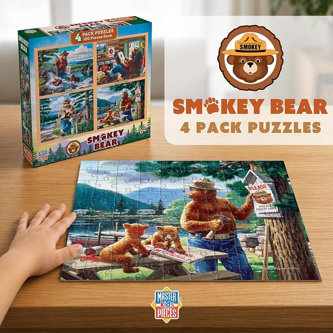 MasterPieces Puzzle Set - 4-Pack 100 Piece Jigsaw Puzzle for Kids - Smokey Bear 4-Pack - 8"x10"