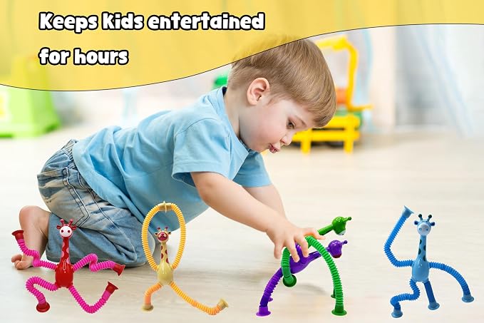 Giraffe Fidget Toys 12 Pack, Sensory Travel Toy with Suction Cups, Stretchy Pop Tubes for Kids, Autism Sensory Toys, Stress Relief Fidget Toys for Boys Girls Ages 3-8, Easter Christmas Birthday Gifts