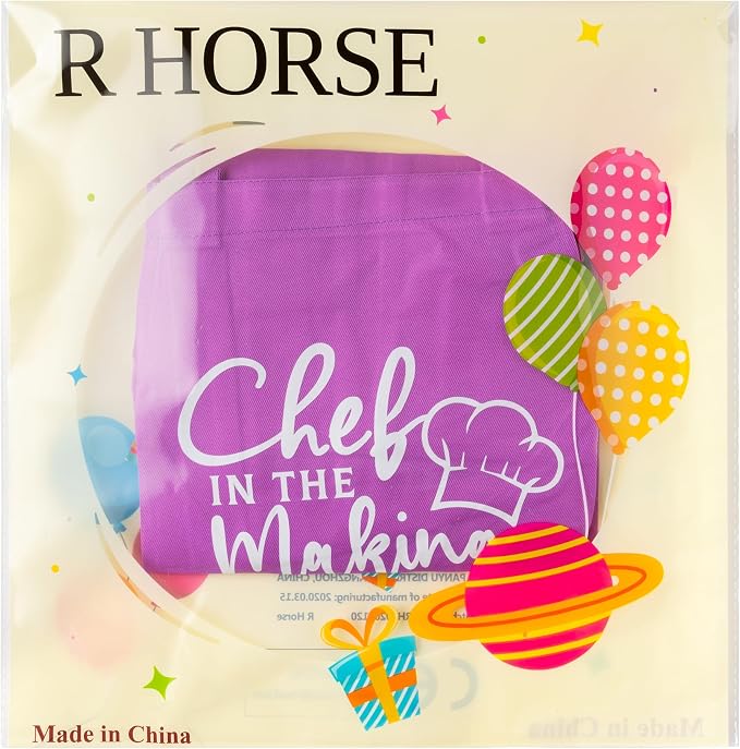 R HORSE Kid Apron and Chef Hat Set - 2Pcs Purple Adjustable Children Kitchen Toddler Apron with Pockets for Kids, Funny Dress up Pretend Play Toy Birthday Gift for Cooking Baking Painting