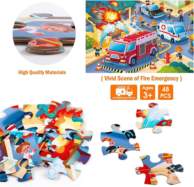 Jumbo Floor Puzzle for Kids,48 Piece Fire Rescue Jigsaw Puzzle Ages 3-8 | Firefighter Fire Truck Vehicle Puzzle,Extra-thick Cardboard,35x24 in Completed,Preschool Learning Toy Gift for Boys and Girls
